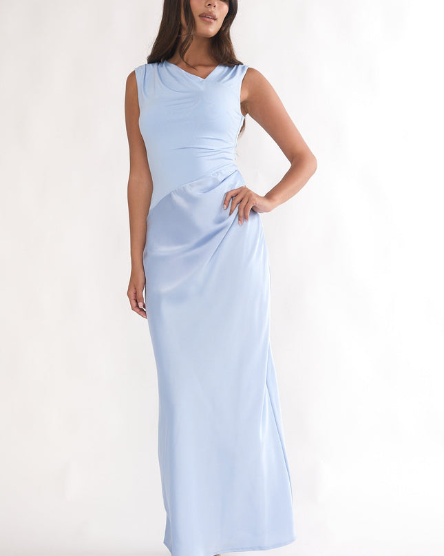 Blue Side Pleat Maxi Dress