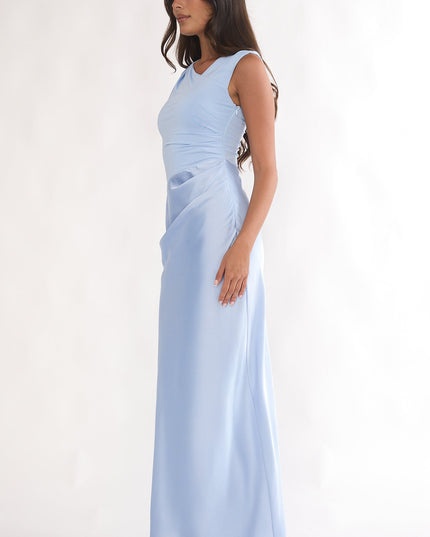 Blue Side Pleat Maxi Dress