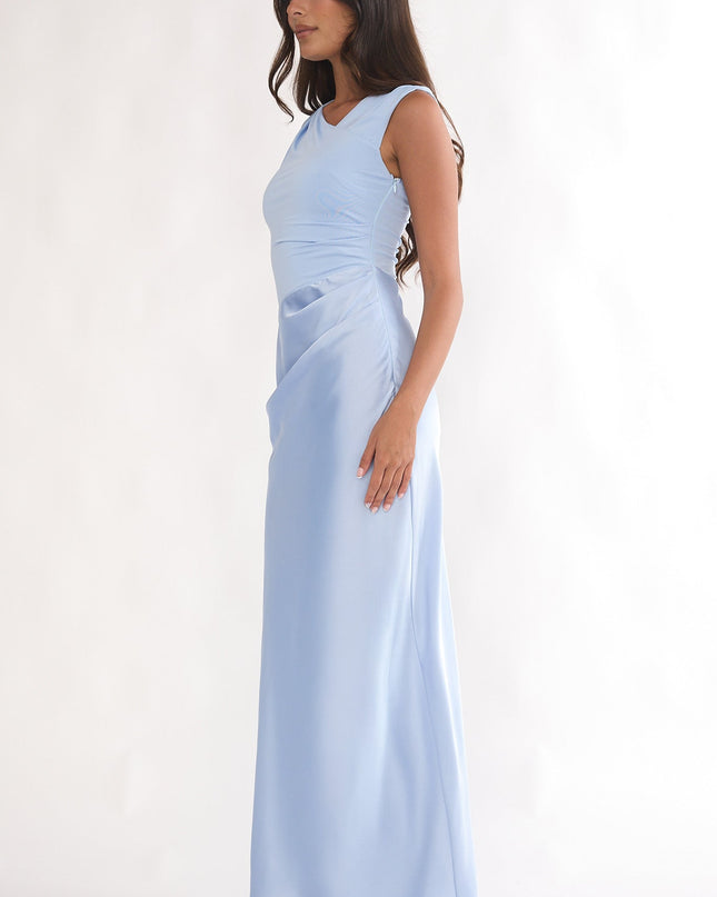 Blue Side Pleat Maxi Dress