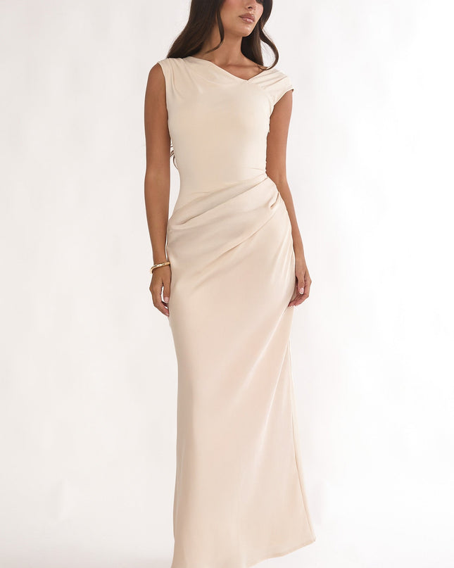 Ecru Side Pleat Maxi Dress
