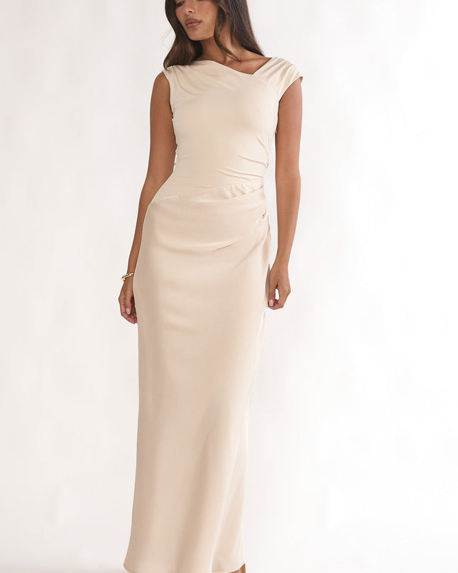 Ecru Side Pleat Maxi Dress