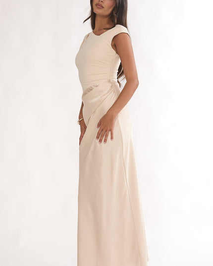 Ecru Side Pleat Maxi Dress