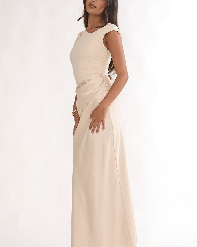 Ecru Side Pleat Maxi Dress