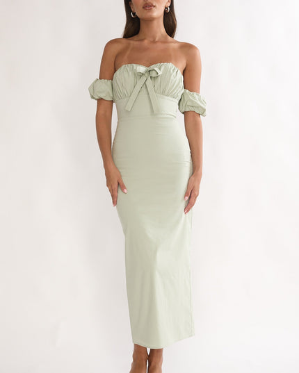 Sage Off-Shoulder Puff Sleeve Maxi Dress