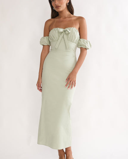 Sage Off-Shoulder Puff Sleeve Maxi Dress