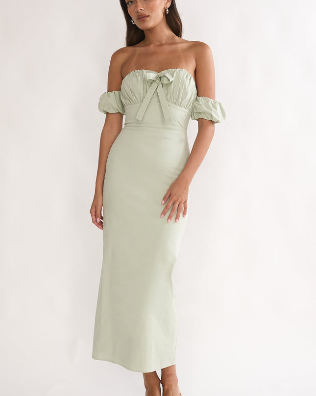 Sage Off-Shoulder Puff Sleeve Maxi Dress