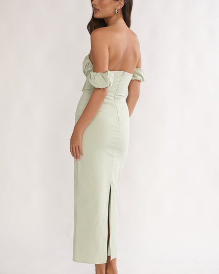 Sage Off-Shoulder Puff Sleeve Maxi Dress