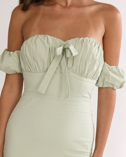 Sage Off-Shoulder Puff Sleeve Maxi Dress