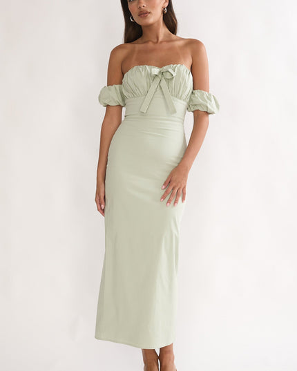 Sage Off-Shoulder Puff Sleeve Maxi Dress