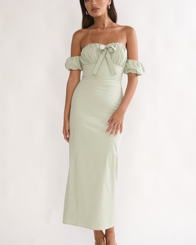 Sage Off-Shoulder Puff Sleeve Maxi Dress
