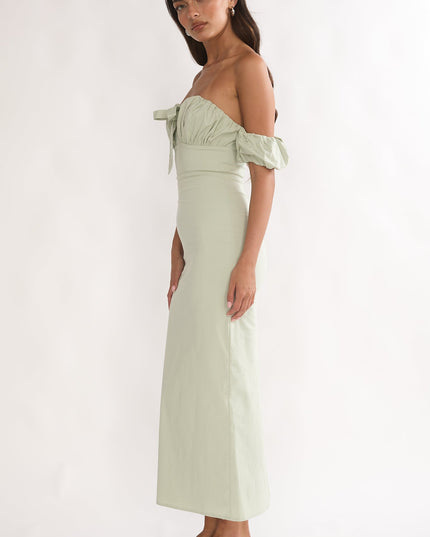 Sage Off-Shoulder Puff Sleeve Maxi Dress
