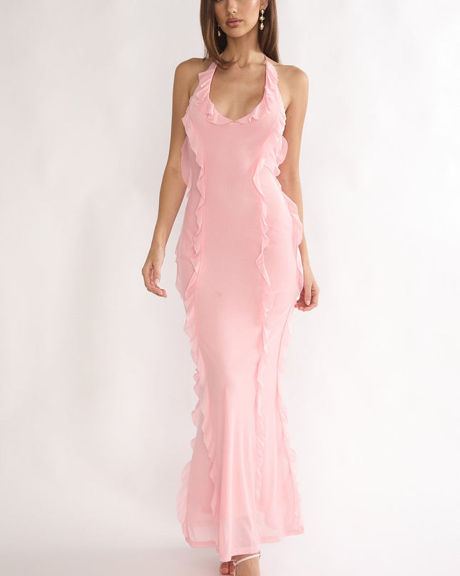 Pink Halter Ruffle Trim Maxi Dress