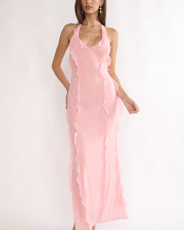 Pink Halter Ruffle Trim Maxi Dress