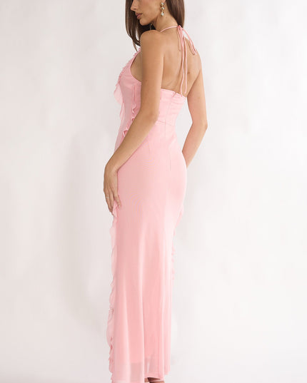 Pink Halter Ruffle Trim Maxi Dress
