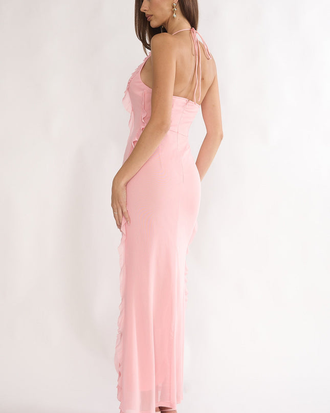 Pink Halter Ruffle Trim Maxi Dress