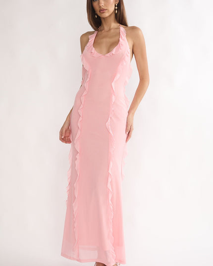 Pink Halter Ruffle Trim Maxi Dress