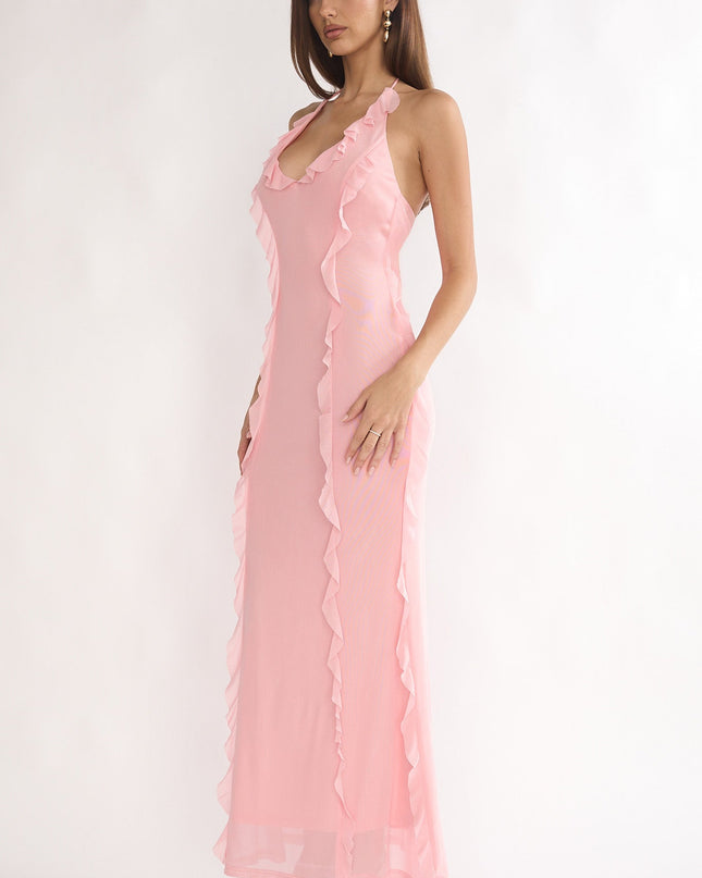 Pink Halter Ruffle Trim Maxi Dress