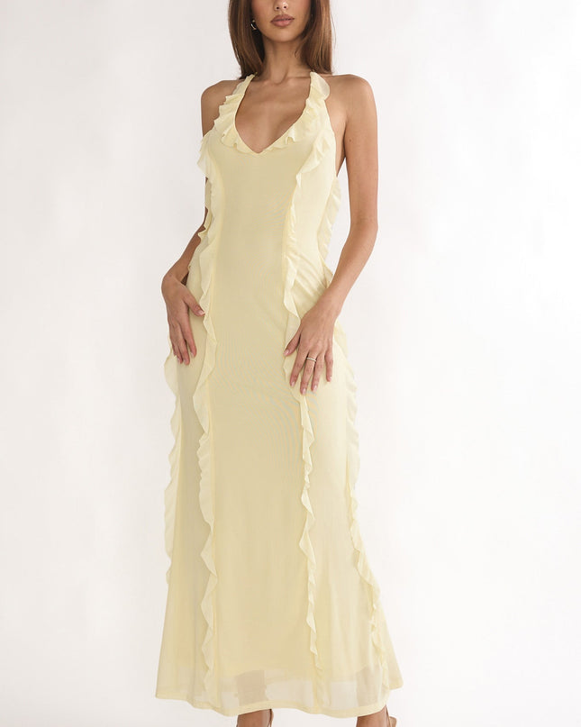 Butter Halter Ruffle Trim Maxi Dress