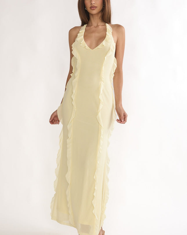 Butter Halter Ruffle Trim Maxi Dress