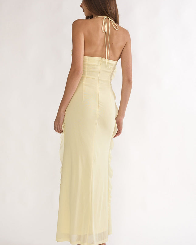 Butter Halter Ruffle Trim Maxi Dress