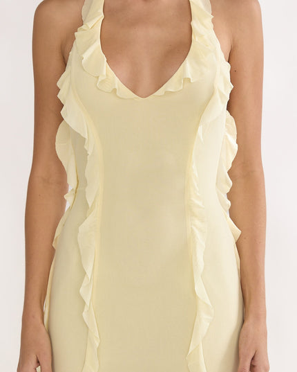 Butter Halter Ruffle Trim Maxi Dress