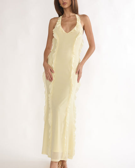 Butter Halter Ruffle Trim Maxi Dress