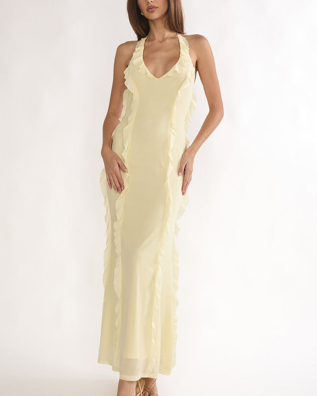 Butter Halter Ruffle Trim Maxi Dress
