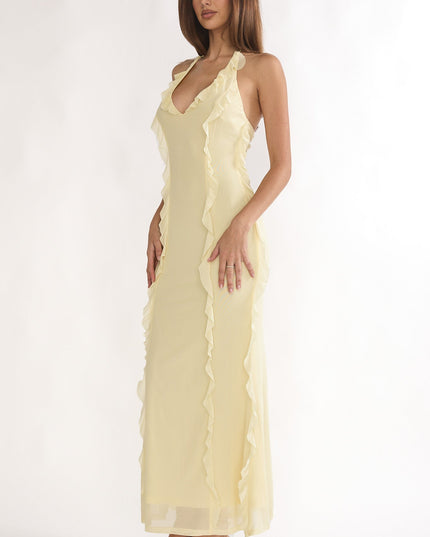 Butter Halter Ruffle Trim Maxi Dress