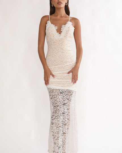 White Capri Sunset Lace Overlay Maxi Dress