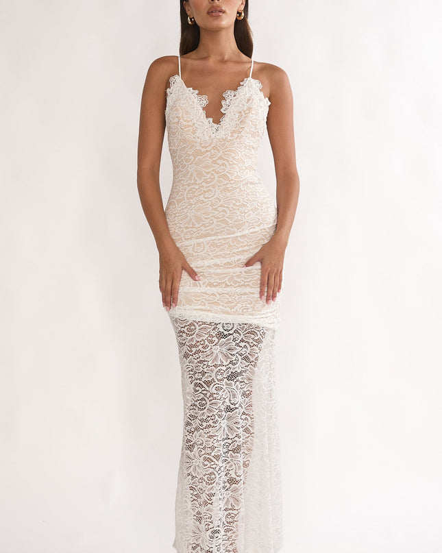 White Capri Sunset Lace Overlay Maxi Dress