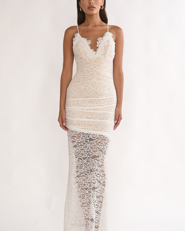 White Capri Sunset Lace Overlay Maxi Dress