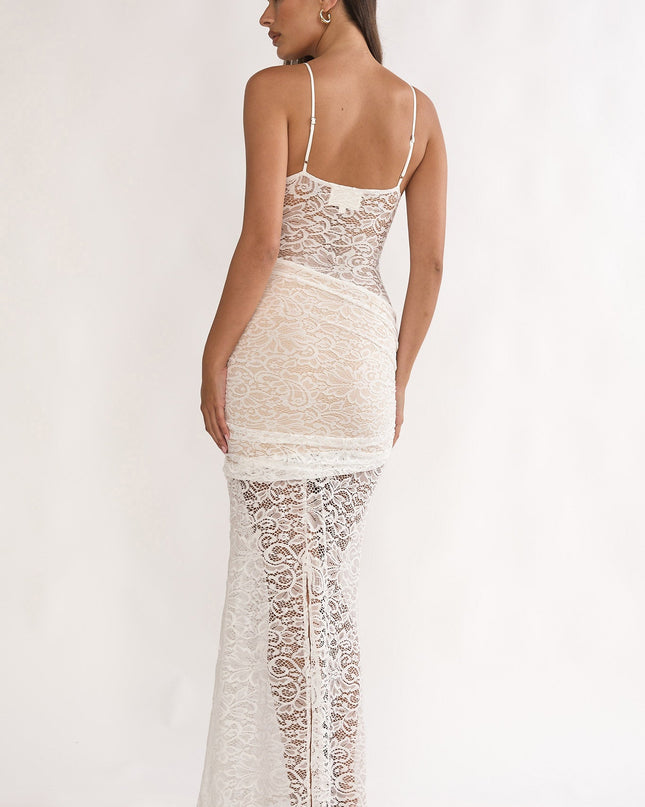 White Capri Sunset Lace Overlay Maxi Dress