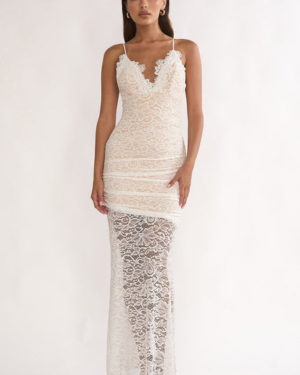 White Capri Sunset Lace Overlay Maxi Dress