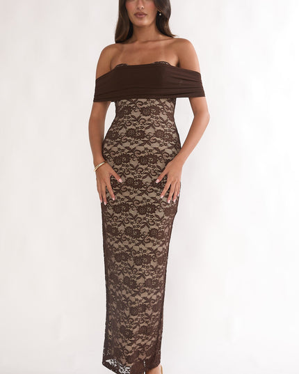 Chocolate Off-Shoulder Maxi Dress Lace