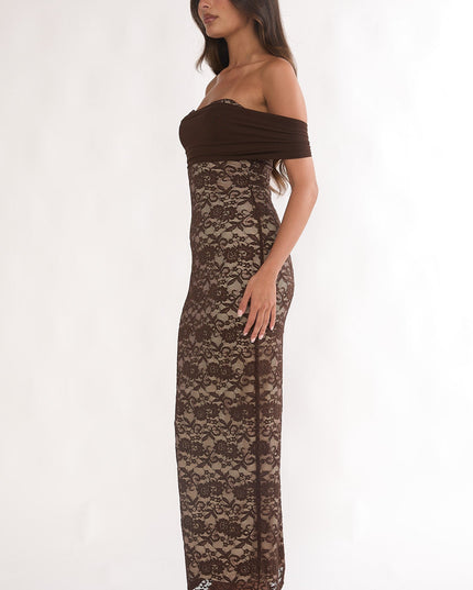 Chocolate Off-Shoulder Maxi Dress Lace