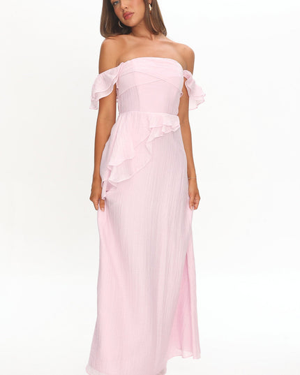 Pink Off-Shoulder Ruffle Maxi Dress