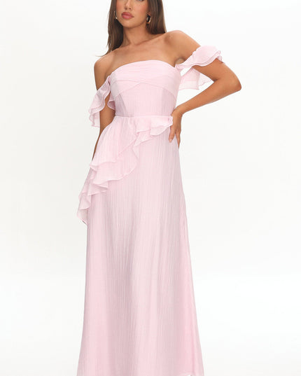 Pink Off-Shoulder Ruffle Maxi Dress