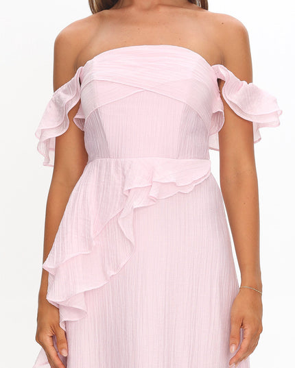 Pink Off-Shoulder Ruffle Maxi Dress