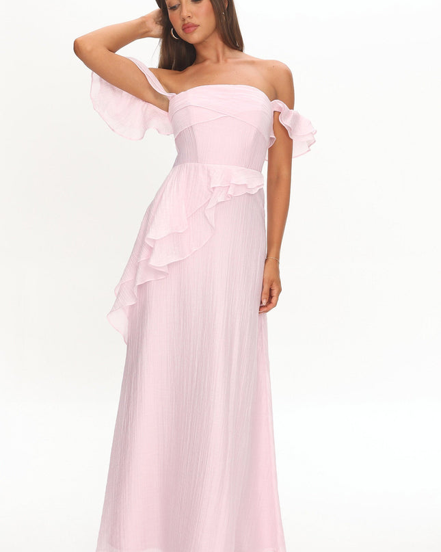 Pink Off-Shoulder Ruffle Maxi Dress