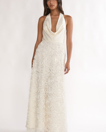 Ivory Cowl Halter Maxi Dress Embellished
