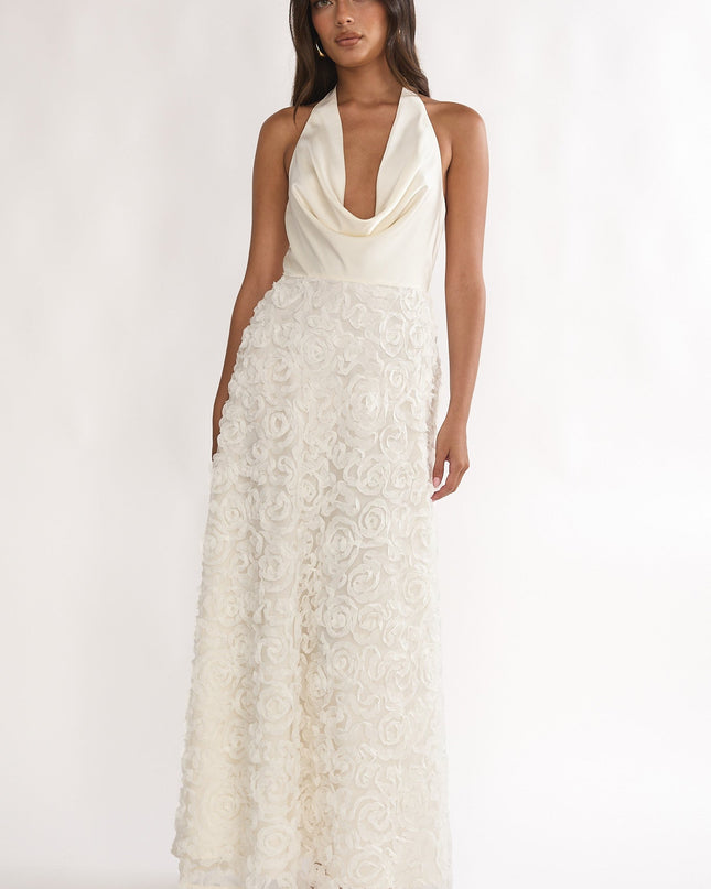 Ivory Cowl Halter Maxi Dress Embellished