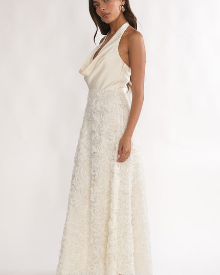 Ivory Cowl Halter Maxi Dress Embellished