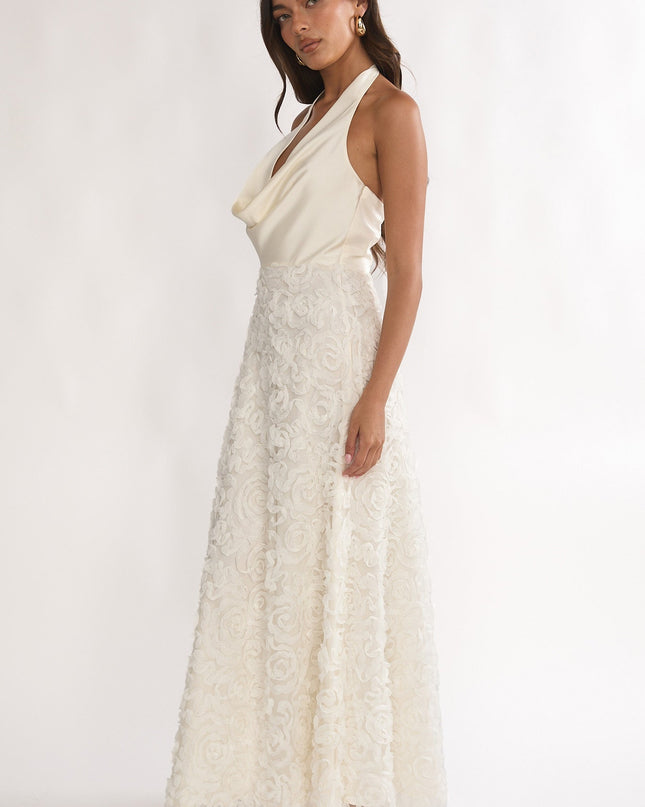Ivory Cowl Halter Maxi Dress Embellished