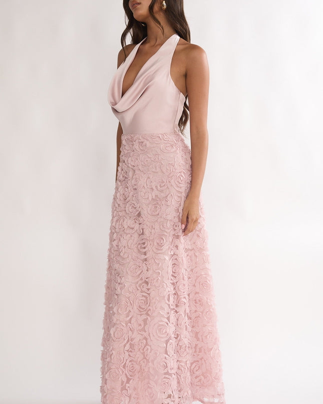 Pink Cowl Halter Maxi Dress Embellished