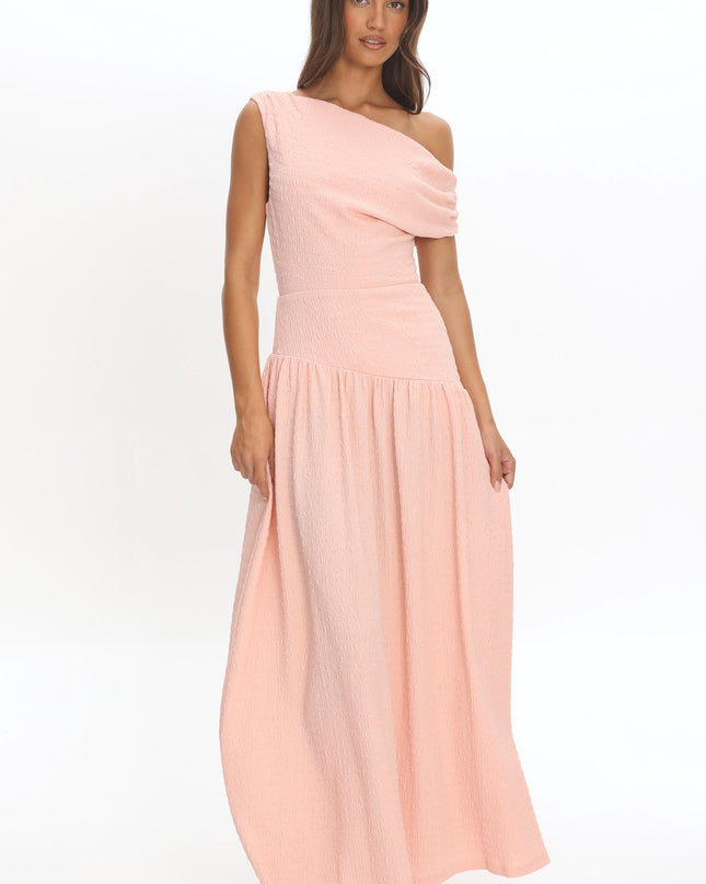 Peach Asymmetric Shoulder Textured Maxi Dress