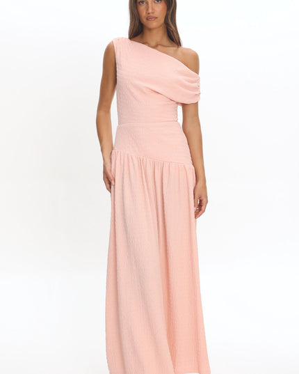 Peach Asymmetric Shoulder Textured Maxi Dress