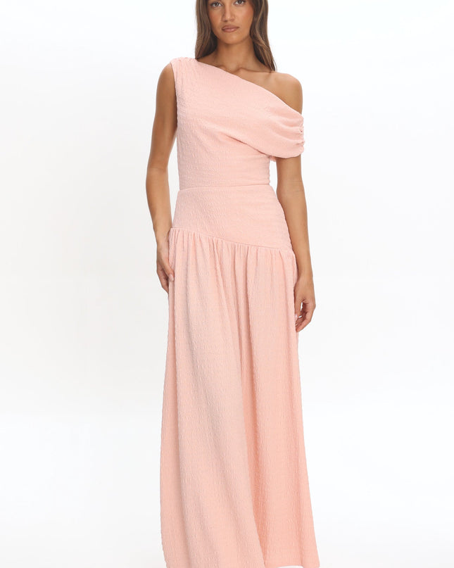 Peach Asymmetric Shoulder Textured Maxi Dress