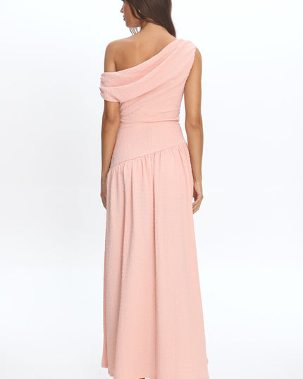 Peach Asymmetric Shoulder Textured Maxi Dress