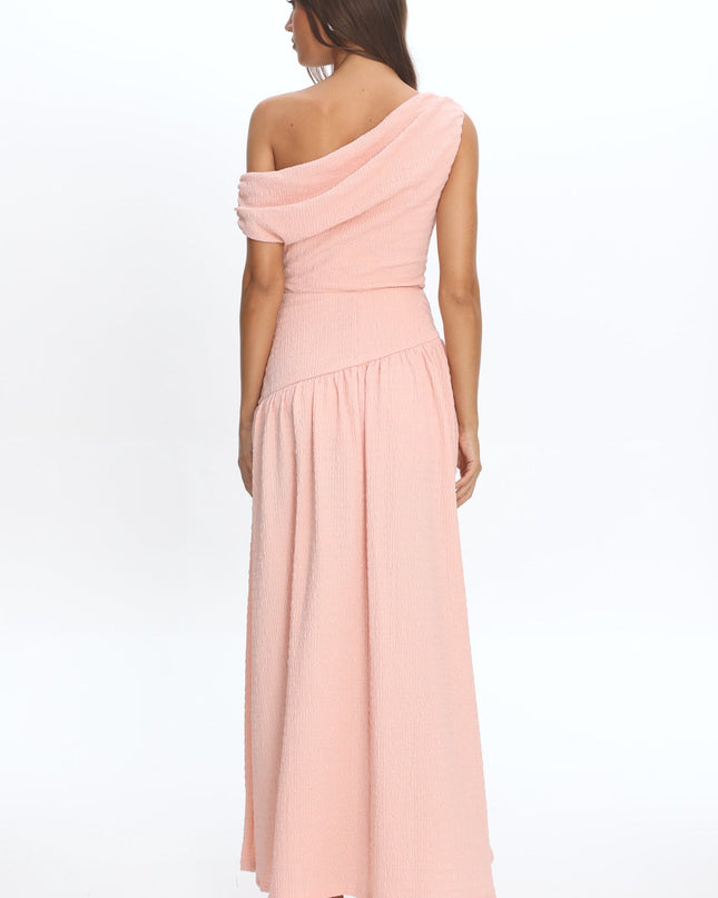 Peach Asymmetric Shoulder Textured Maxi Dress