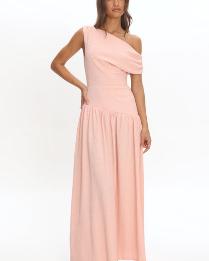 Peach Asymmetric Shoulder Textured Maxi Dress